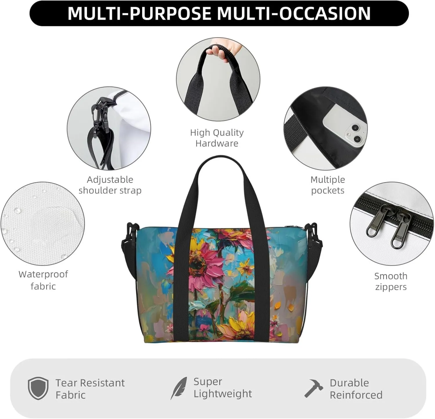 sunflowers print Travel Duffel Bag, Sports Tote Gym Bag, Swim Pool Bag Large Shoulder Tote Bag for Beach Weekender