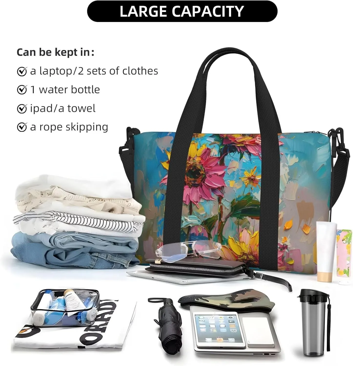 sunflowers print Travel Duffel Bag, Sports Tote Gym Bag, Swim Pool Bag Large Shoulder Tote Bag for Beach Weekender