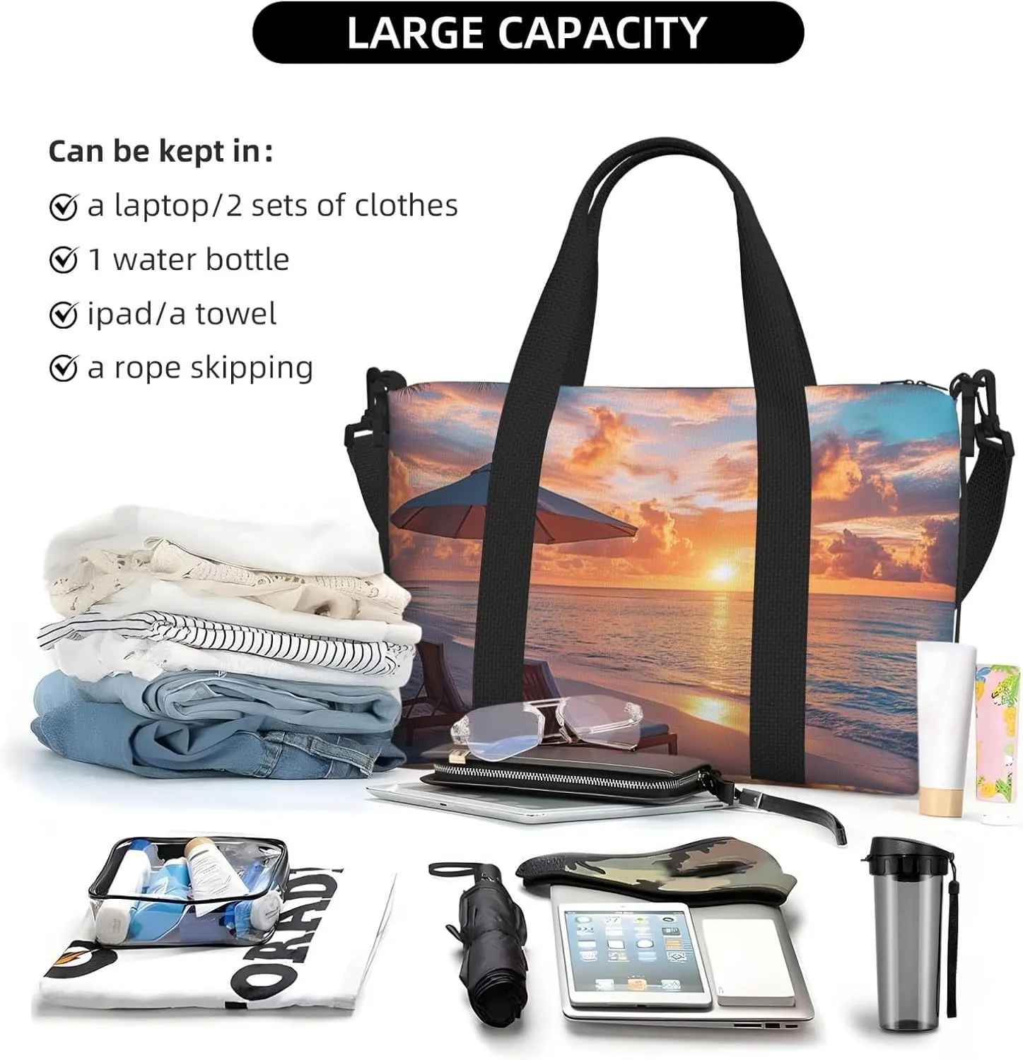 sunset ocean beach chairs print Travel Duffel Bag, Sports Tote Gym Bag, Swim Pool Bag Large Shoulder Tote Bag for Beach Weekender