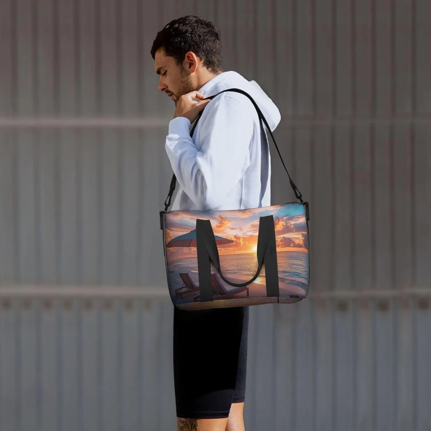 sunset ocean beach chairs print Travel Duffel Bag, Sports Tote Gym Bag, Swim Pool Bag Large Shoulder Tote Bag for Beach Weekender
