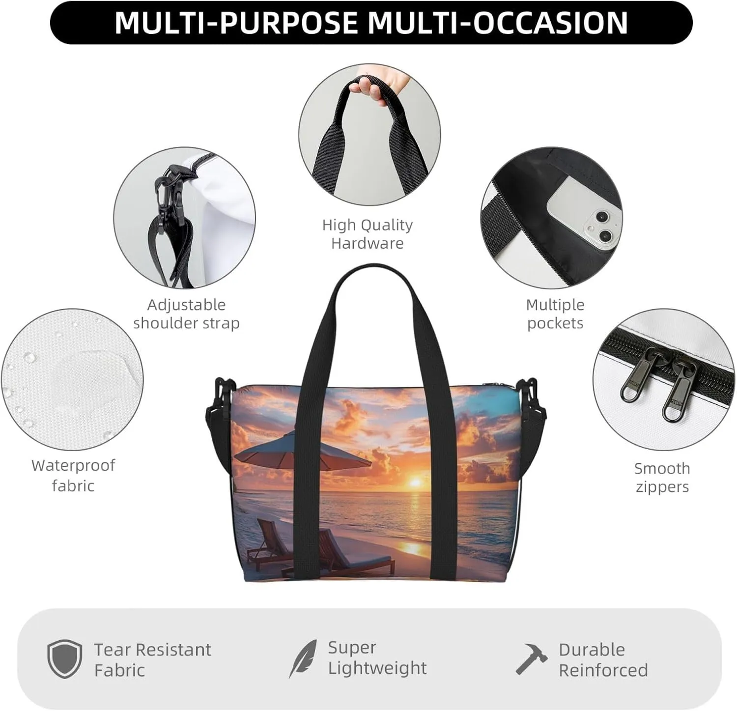 sunset ocean beach chairs print Travel Duffel Bag, Sports Tote Gym Bag, Swim Pool Bag Large Shoulder Tote Bag for Beach Weekender