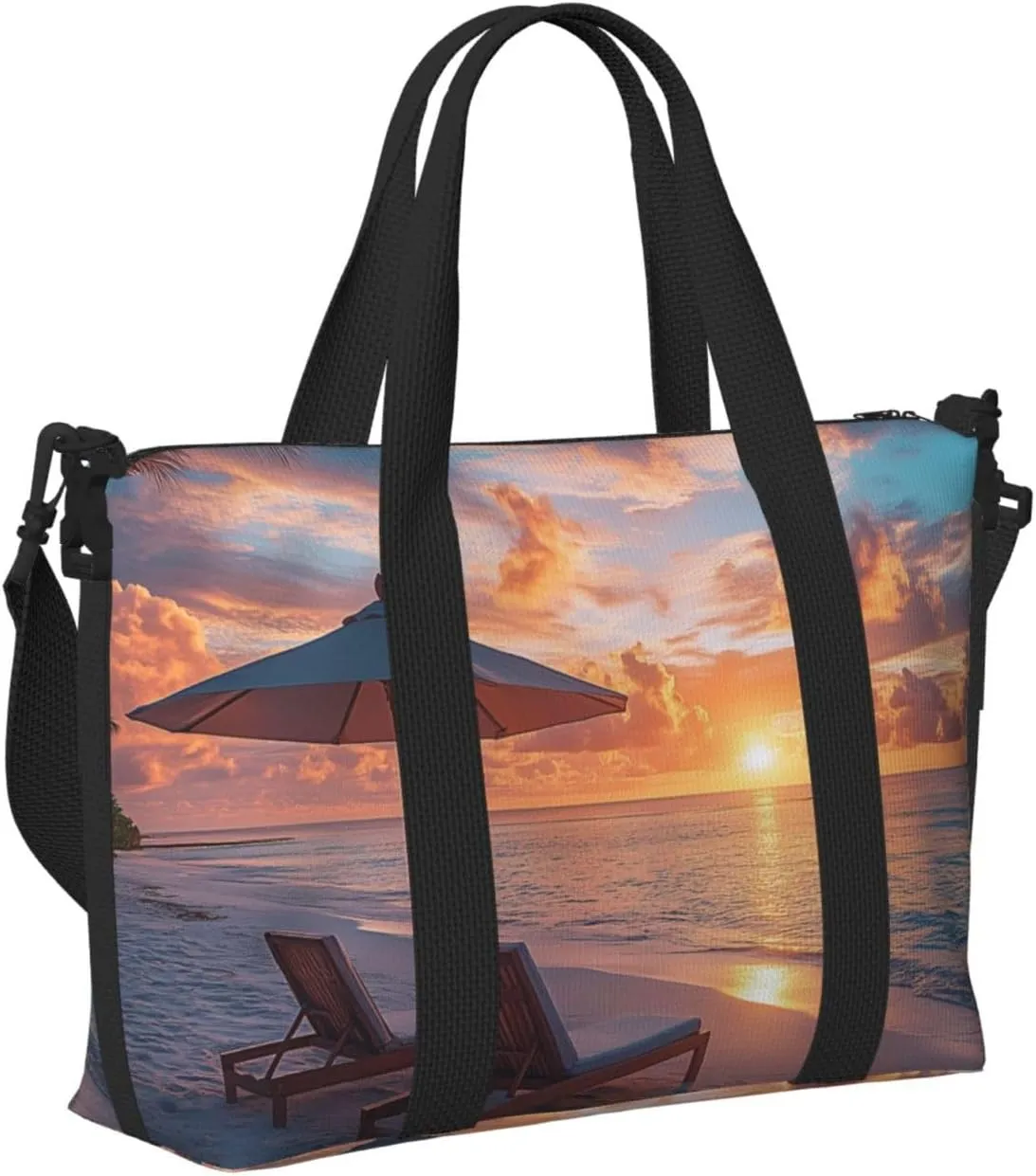 sunset ocean beach chairs print Travel Duffel Bag, Sports Tote Gym Bag, Swim Pool Bag Large Shoulder Tote Bag for Beach Weekender