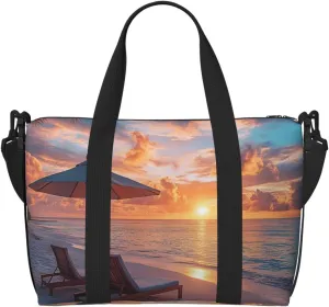 sunset ocean beach chairs print Travel Duffel Bag, Sports Tote Gym Bag, Swim Pool Bag Large Shoulder Tote Bag for Beach Weekender