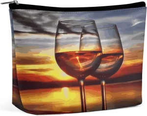 Sunset Wine Glass Travel Makeup Bag Large Toiletry Bag for Women Waterproof Cosmetic Bags for Purse Portable Makeup Organizer Bags Cute Zipper Pouch Cosmetic Pouch Funny Travel Makeupbag