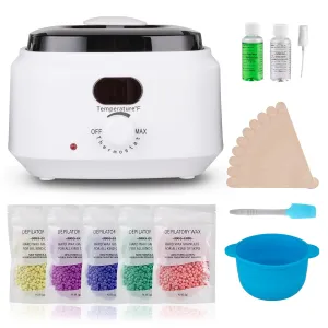 Sunvivi Wax Kit Digital Hair Removal Waxing Kit for Women & Men, Hot Wax Warmer Pot with 5 Bag Hard Wax Beads, Wax Melt Warmer Kit for Full Body, Legs, Face, Bikini,Sensitive skin, White