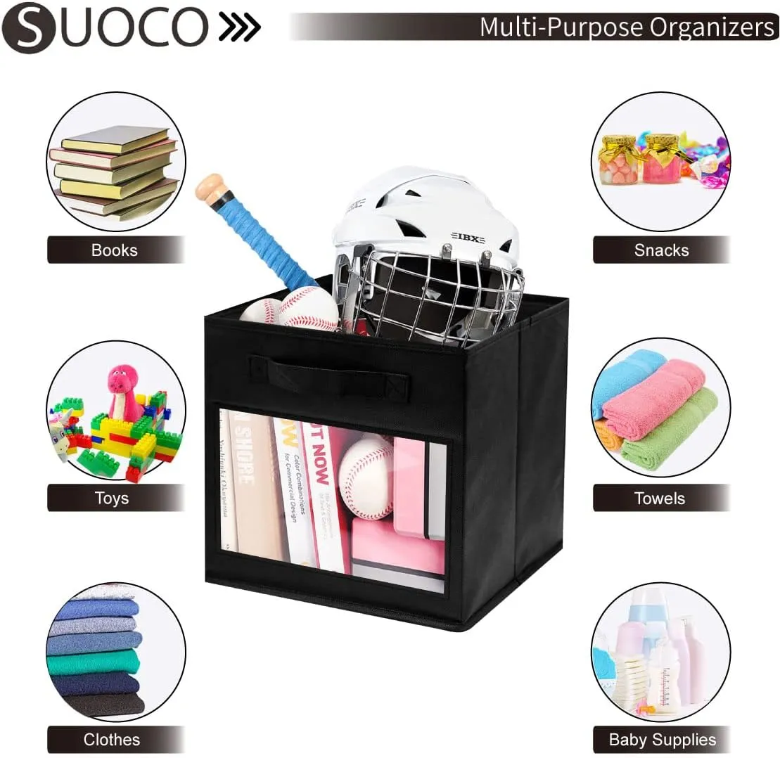 SUOCO Cube Storage Bins with Clear Window, Foldable Fabric Baskets Boxes for Shelf Closet Organizer, Nursery and Kids Room, 8 Pack, Black