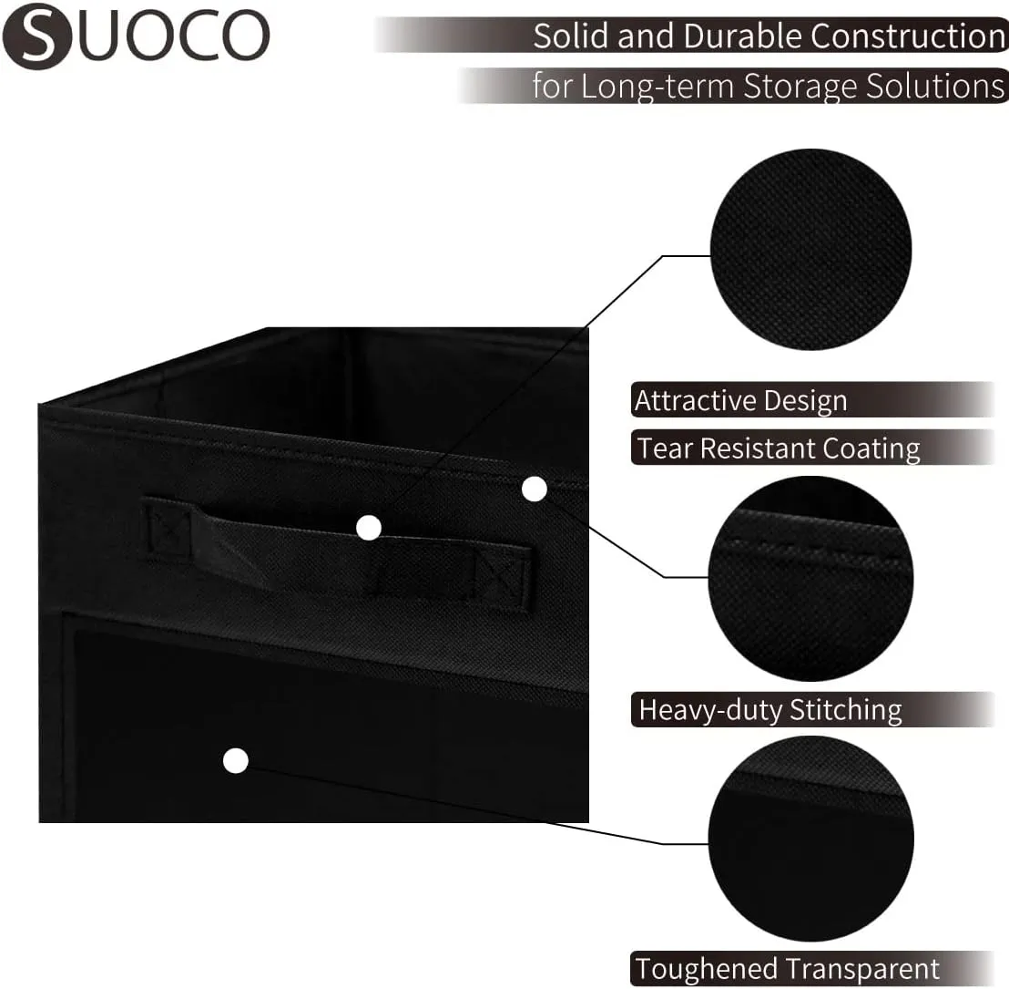 SUOCO Cube Storage Bins with Clear Window, Foldable Fabric Baskets Boxes for Shelf Closet Organizer, Nursery and Kids Room, 8 Pack, Black