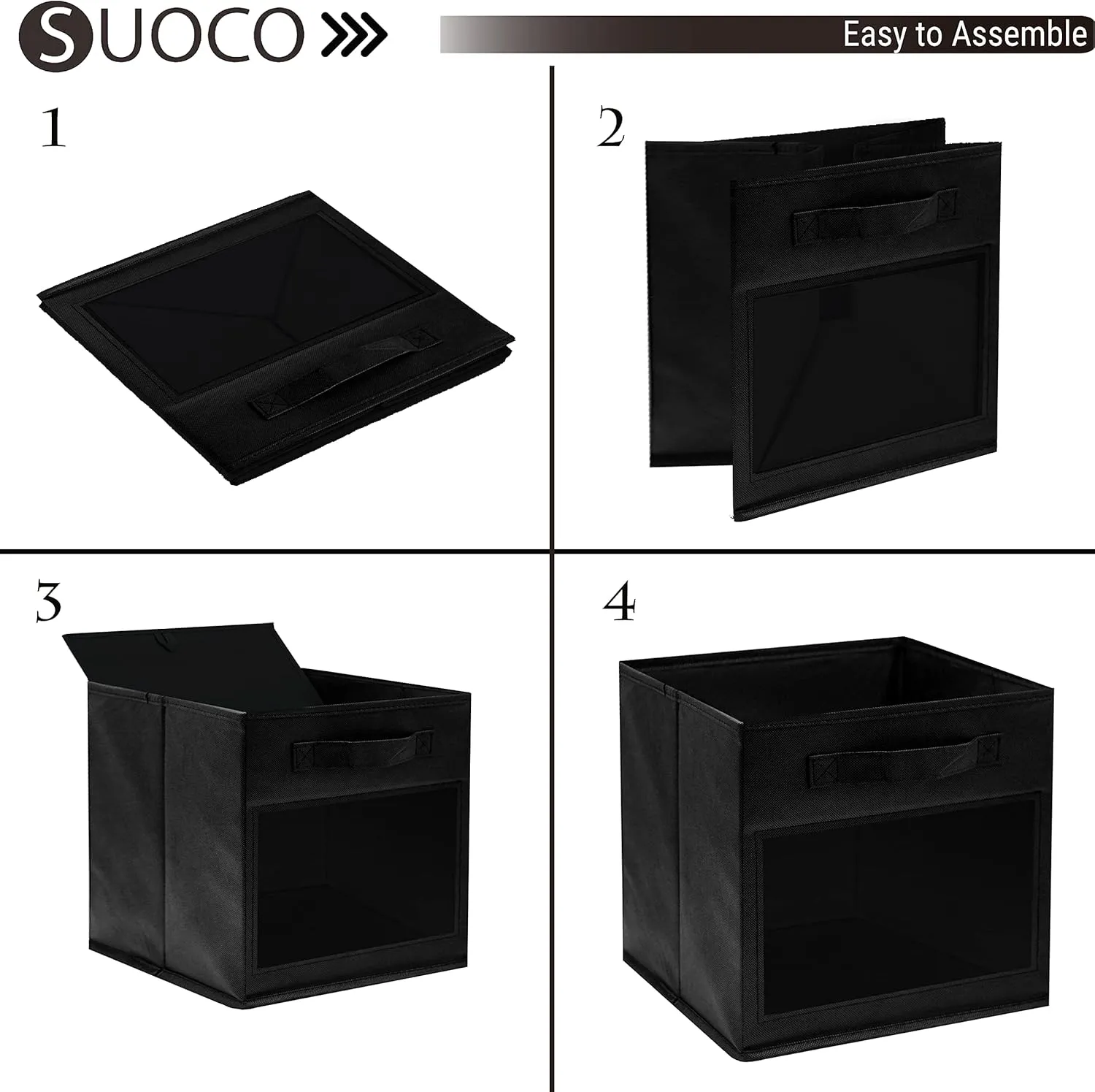 SUOCO Cube Storage Bins with Clear Window, Foldable Fabric Baskets Boxes for Shelf Closet Organizer, Nursery and Kids Room, 8 Pack, Black