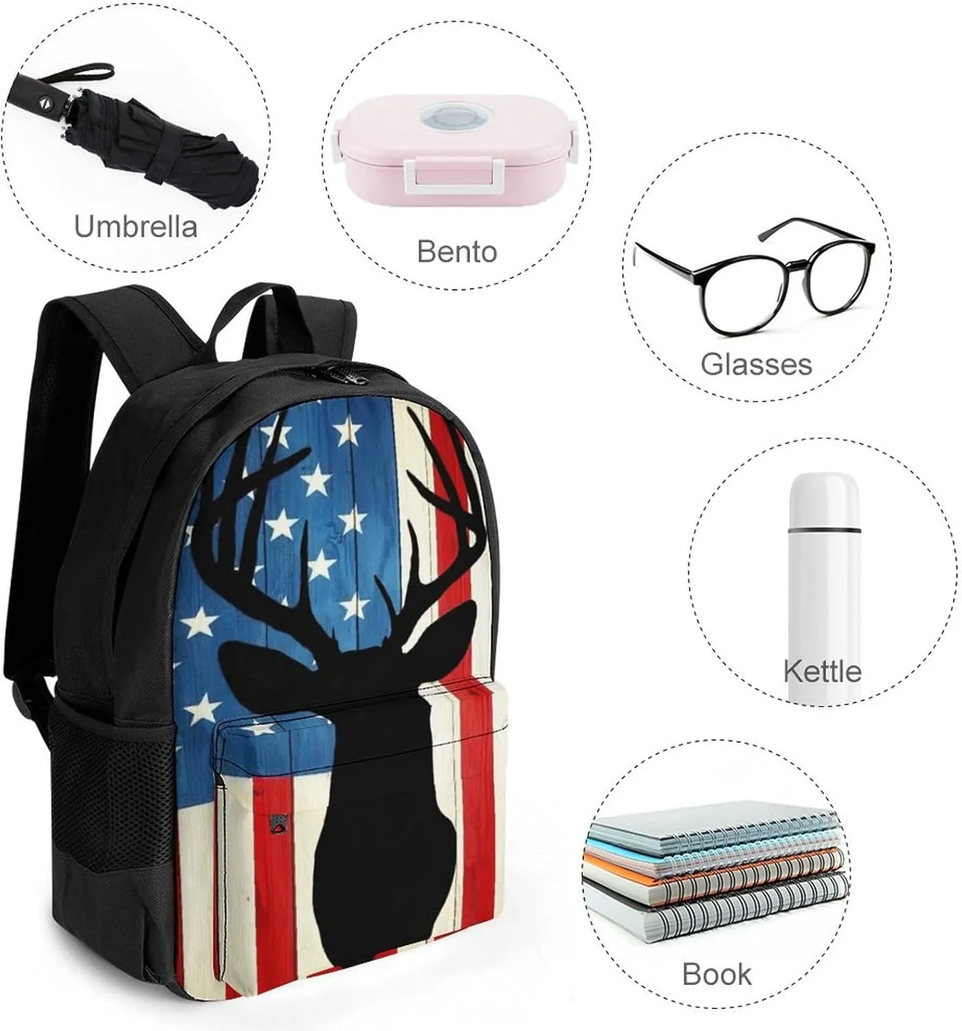 Supdreamc Men Women Lightweight Hunting Deer Camo Camouflage Wooden American Flag Daypack Bookbag Big Capacity Carry On Bag With Side Pockets for Camping Travel Bicycle