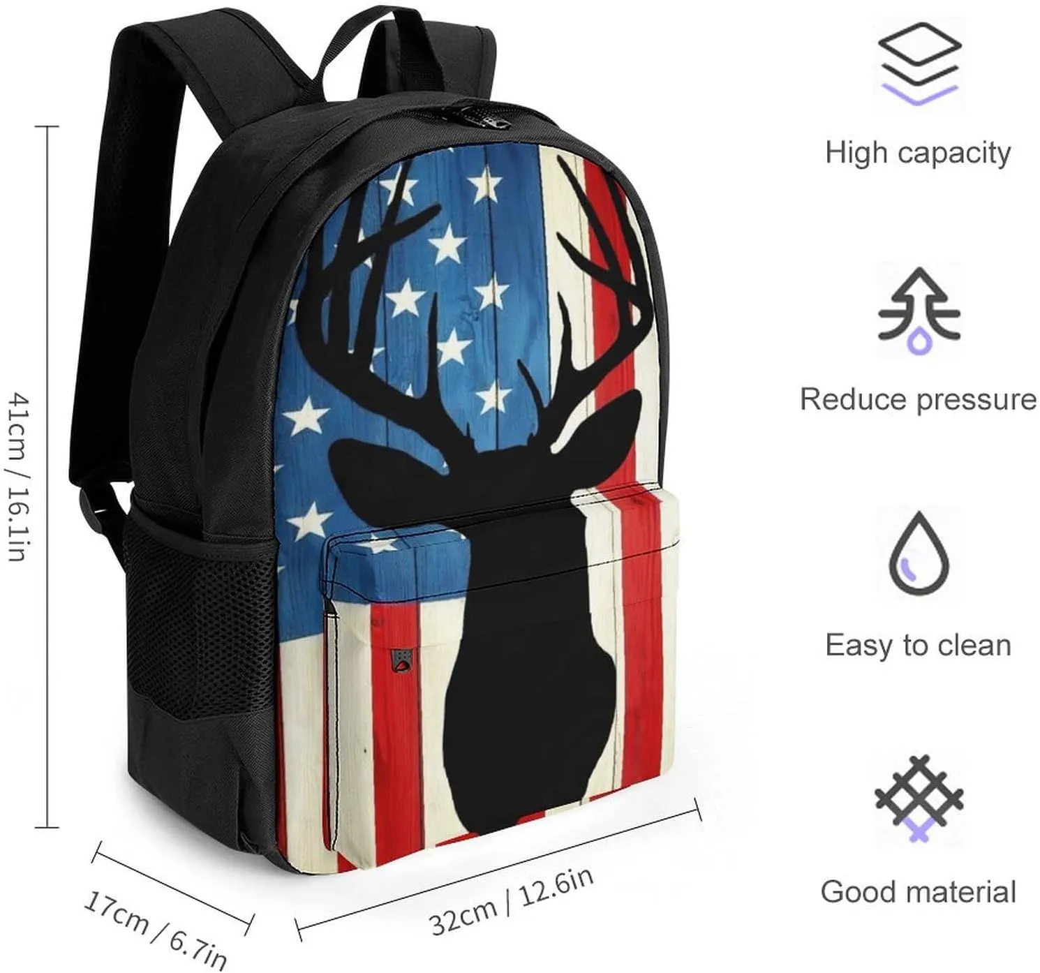 Supdreamc Men Women Lightweight Hunting Deer Camo Camouflage Wooden American Flag Daypack Bookbag Big Capacity Carry On Bag With Side Pockets for Camping Travel Bicycle