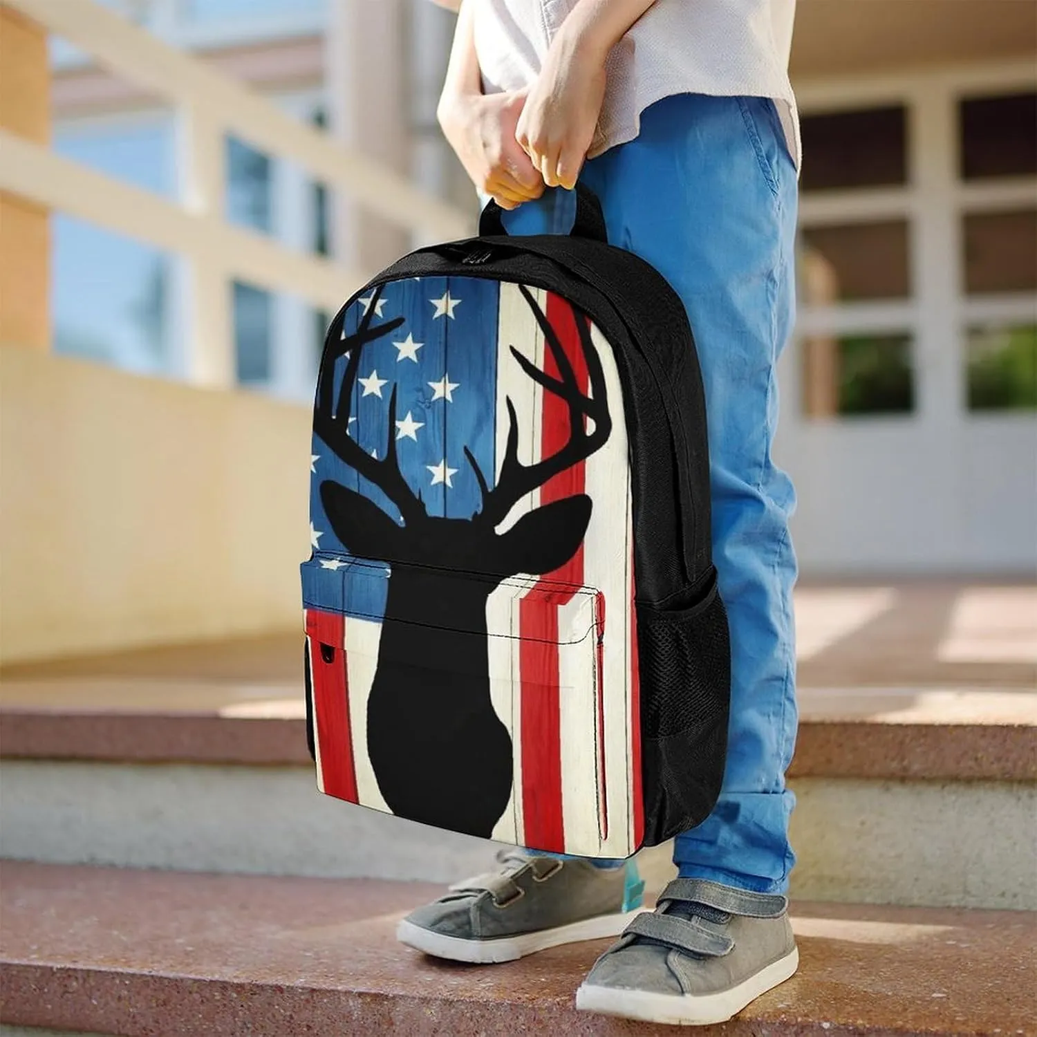 Supdreamc Men Women Lightweight Hunting Deer Camo Camouflage Wooden American Flag Daypack Bookbag Big Capacity Carry On Bag With Side Pockets for Camping Travel Bicycle