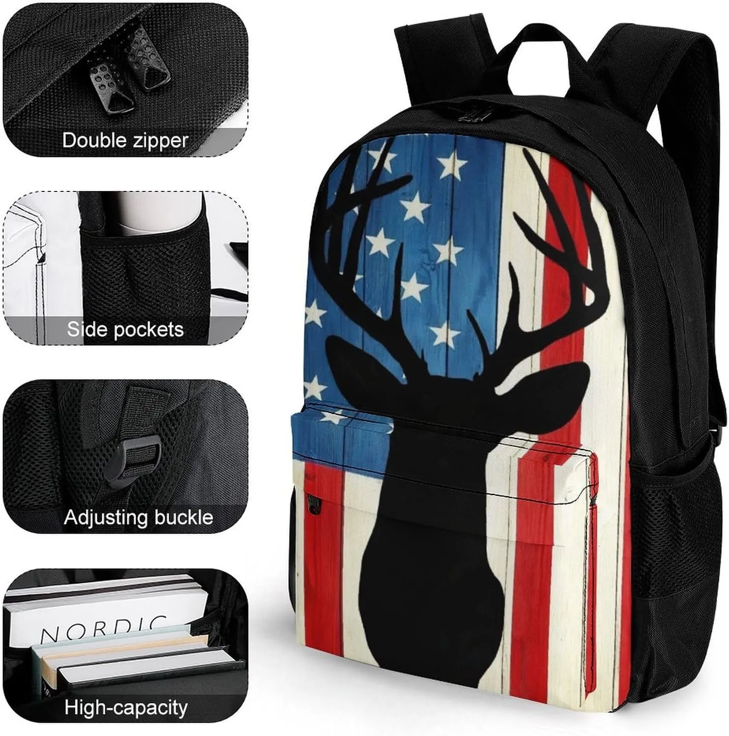 Supdreamc Men Women Lightweight Hunting Deer Camo Camouflage Wooden American Flag Daypack Bookbag Big Capacity Carry On Bag With Side Pockets for Camping Travel Bicycle