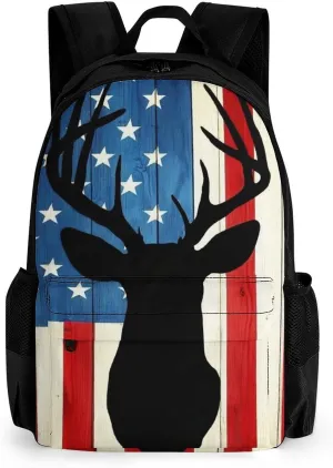 Supdreamc Men Women Lightweight Hunting Deer Camo Camouflage Wooden American Flag Daypack Bookbag Big Capacity Carry On Bag With Side Pockets for Camping Travel Bicycle