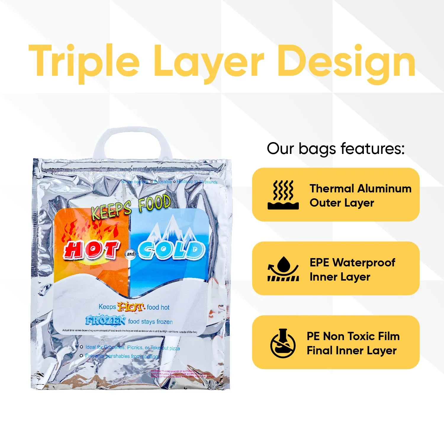 Superio Hot & Cold Insulated Bags for Food Delivery & Grocery Shopping - Reinforced Thermal Lunch Bag (3, 20"x19")