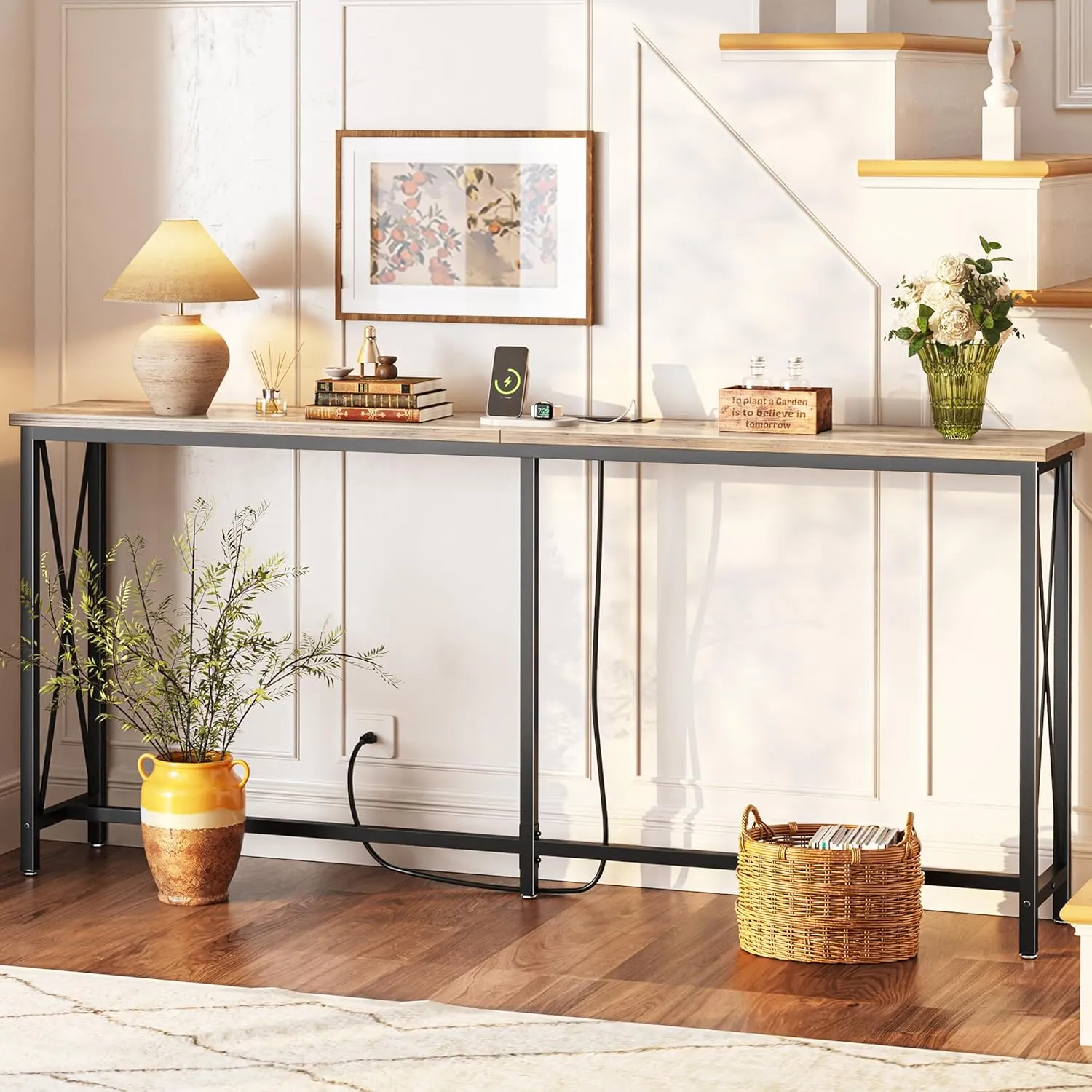 SUPERJARE 70 Inch Console Table with Outlets and USB-C Port, Extra Long Behind Couch Sofa Table with X-Shaped Design, Narrow for Entryway, Living Room, Metal Frame, Wooden Top, Grey Oak