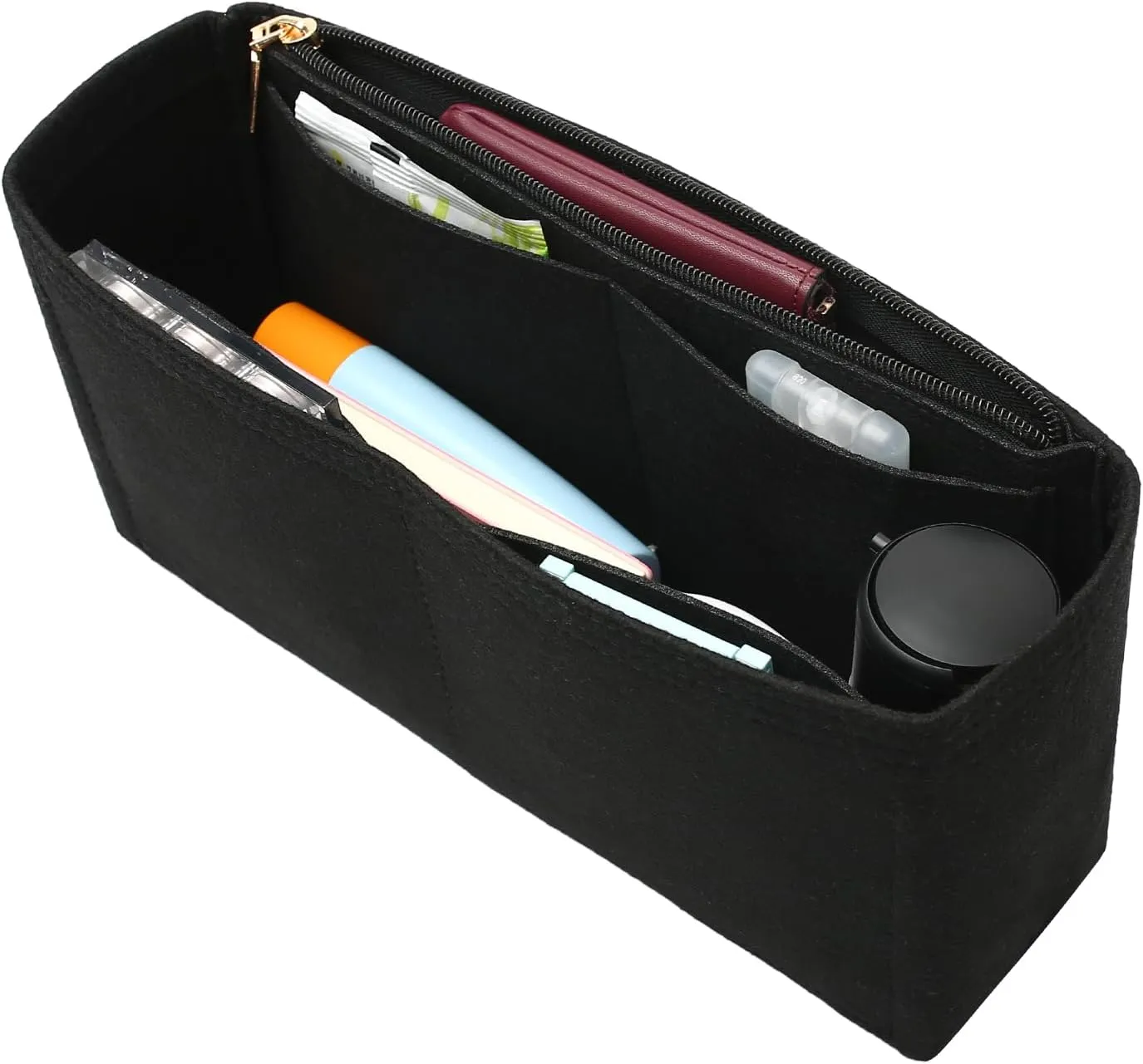 Surblue Purse Organizer Insert for Handbags, Felt Bag Organizer with Zippers Handbag Shaper Pouch for Classic 19 Flap Bag, Marmont, Onthego,（Black, Slender M）