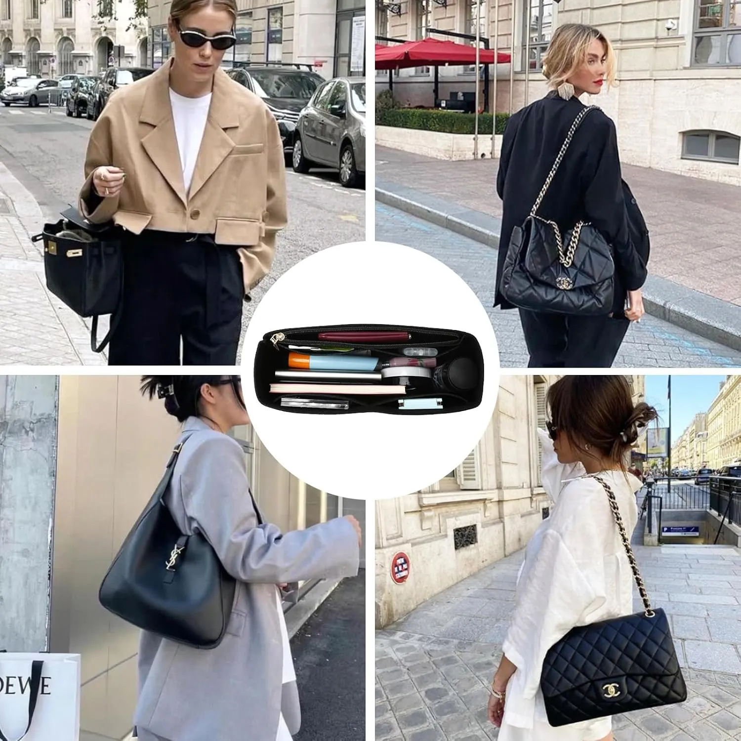 Surblue Purse Organizer Insert for Handbags, Felt Bag Organizer with Zippers Handbag Shaper Pouch for Classic 19 Flap Bag, Marmont, Onthego,（Black, Slender M）