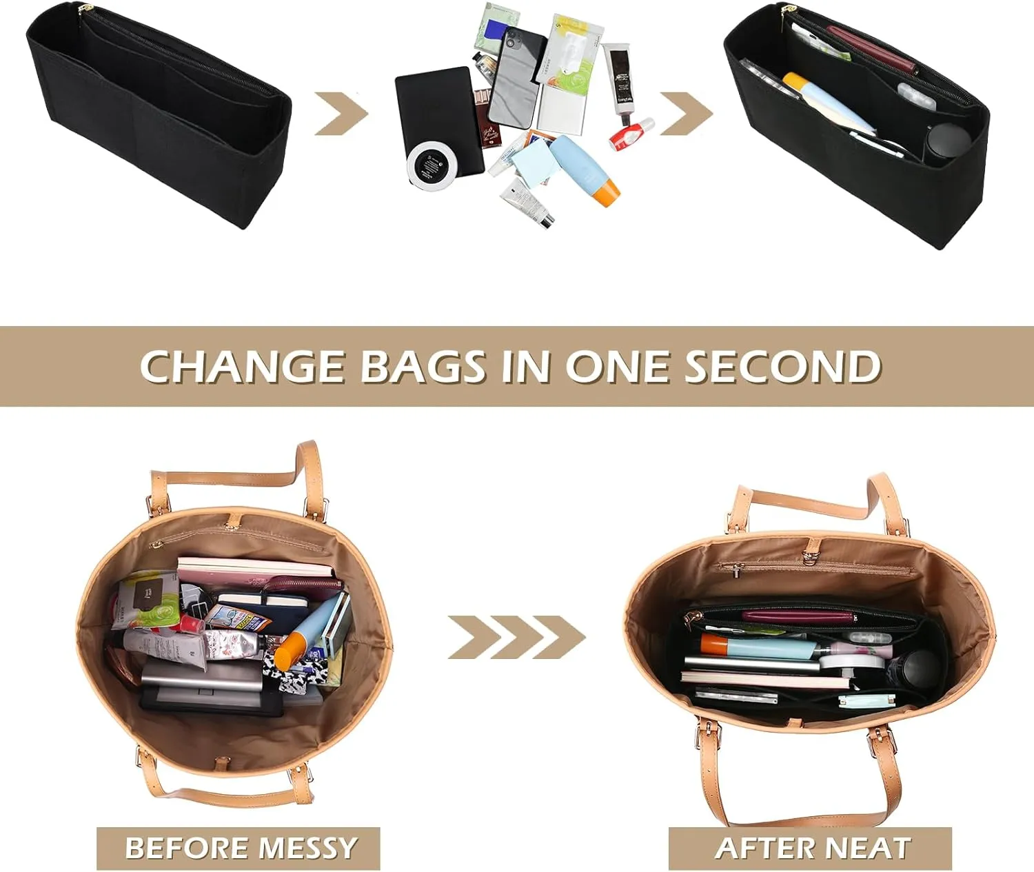 Surblue Purse Organizer Insert for Handbags, Felt Bag Organizer with Zippers Handbag Shaper Pouch for Classic 19 Flap Bag, Marmont, Onthego,（Black, Slender M）