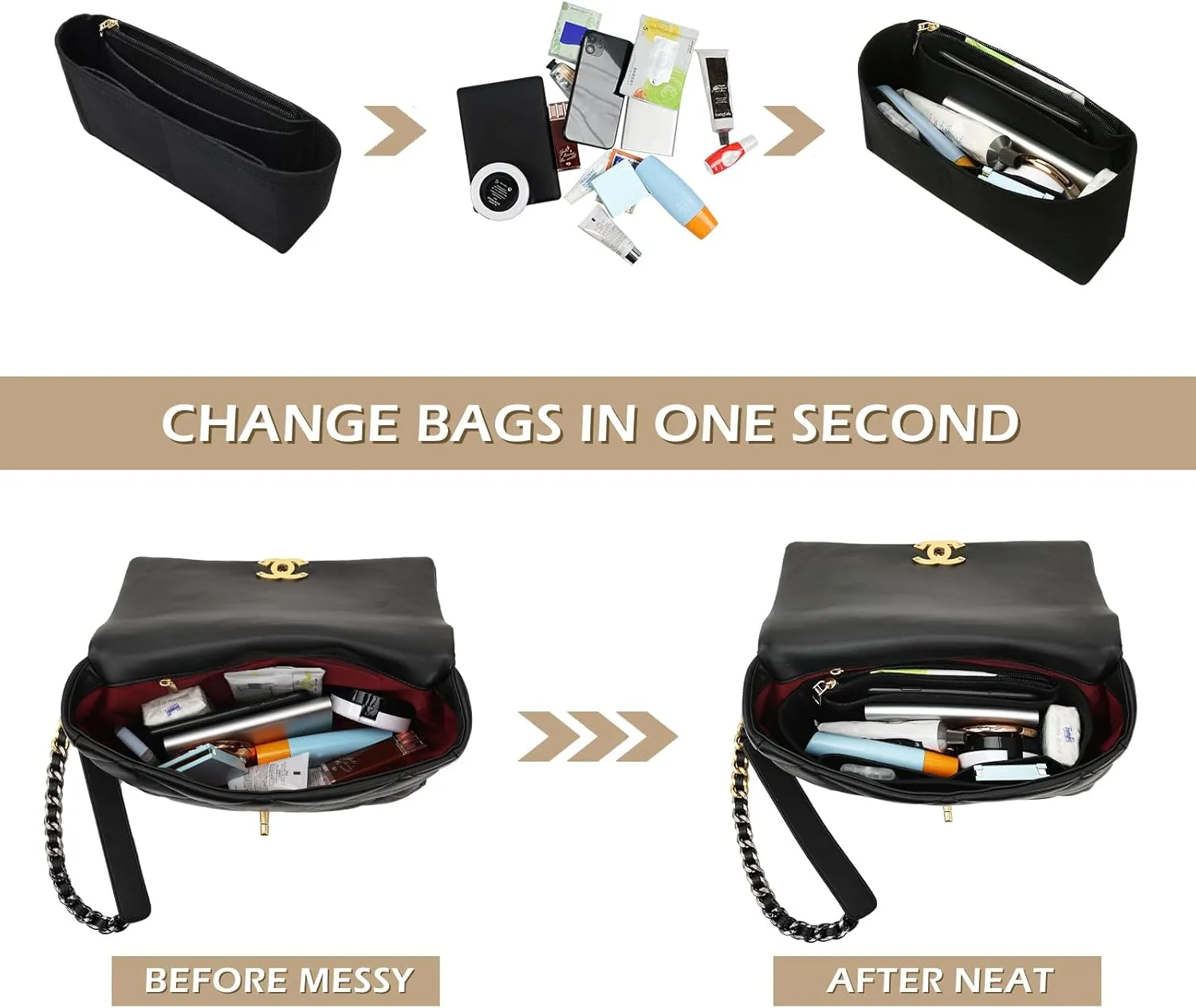 Surblue Purse Organizer Insert for Handbags, Felt Bag Organizer with Zippers Handbag Shaper Pouch for Classic 19 Flap Bag, Marmont, Onthego,（Black, Slender S）