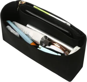Surblue Purse Organizer Insert for Handbags, Felt Bag Organizer with Zippers Handbag Shaper Pouch for Classic 19 Flap Bag, Marmont, Onthego,（Black, Slender S）