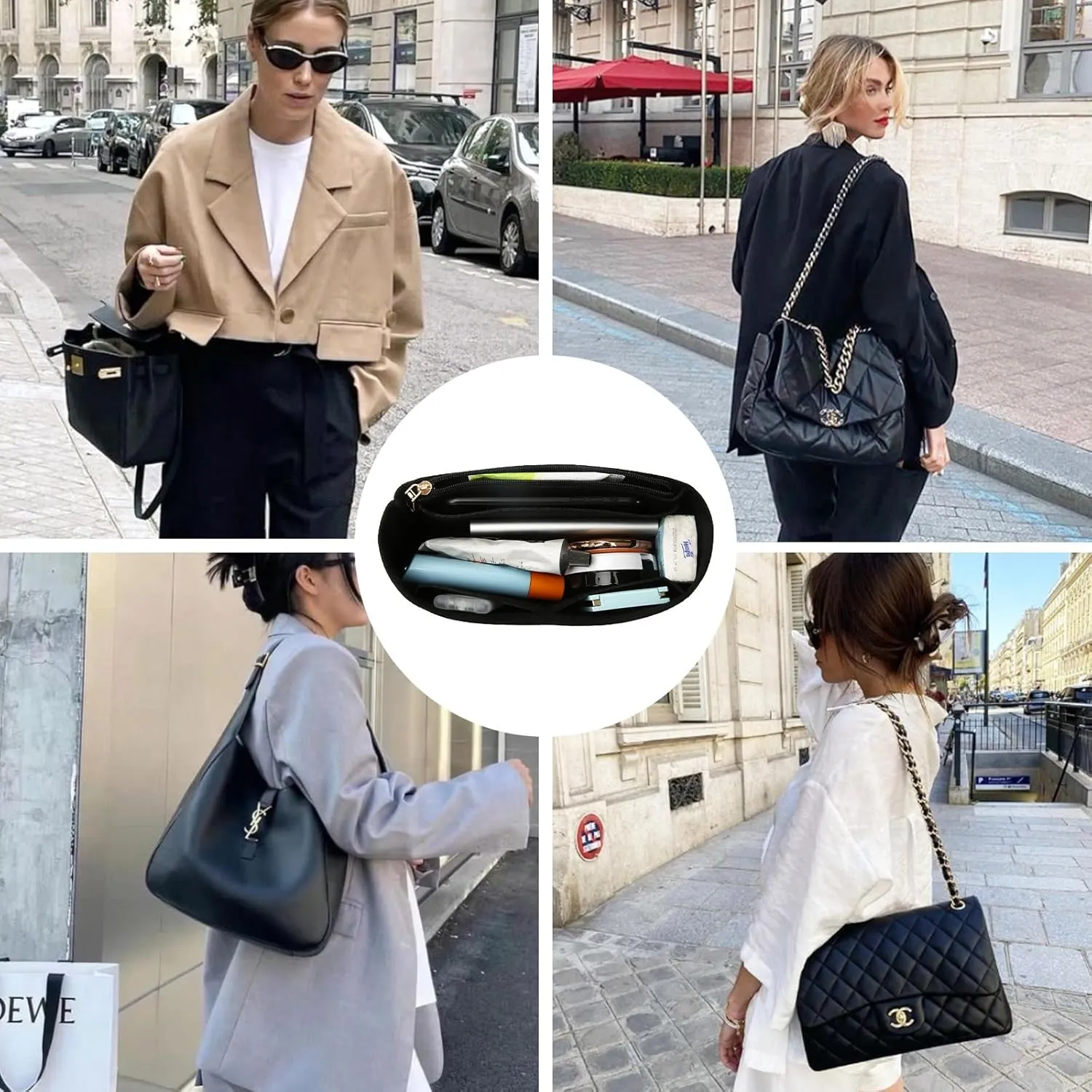 Surblue Purse Organizer Insert for Handbags, Felt Bag Organizer with Zippers Handbag Shaper Pouch for Classic 19 Flap Bag, Marmont, Onthego,（Black, Slender S）