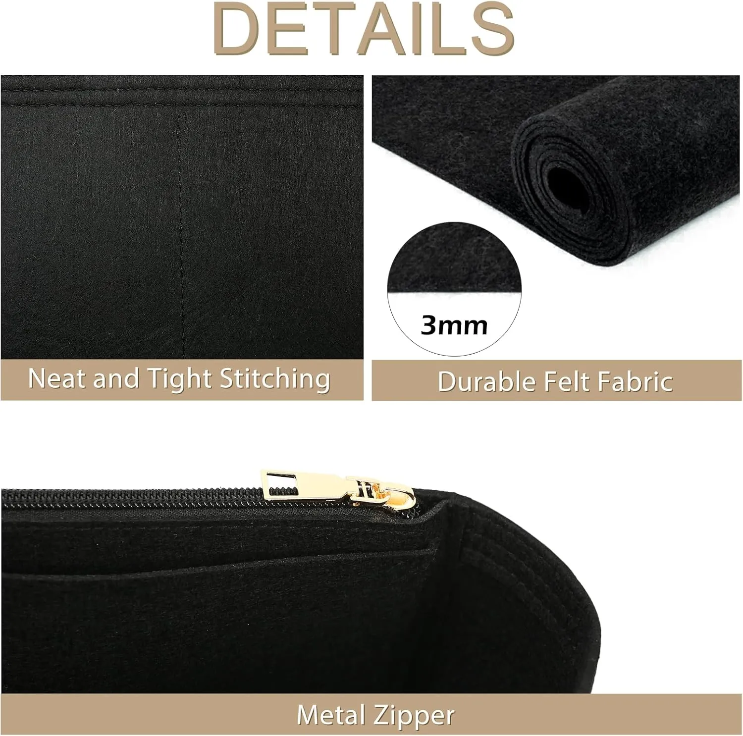 Surblue Purse Organizer Insert for Handbags, Felt Bag Organizer with Zippers Handbag Shaper Pouch for Classic 19 Flap Bag, Marmont, Onthego,（Black, Slender S）