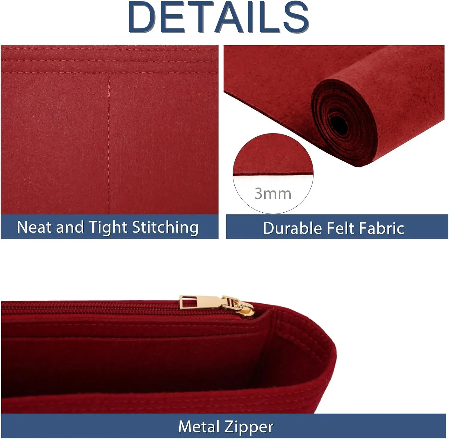 Surblue Purse Organizer Insert for Handbags, Felt Bag Organizer with Zippers Handbag Shaper Pouch for Classic 19 Flap Bag, Marmont, Onthego,（Burgundy, Slender L）
