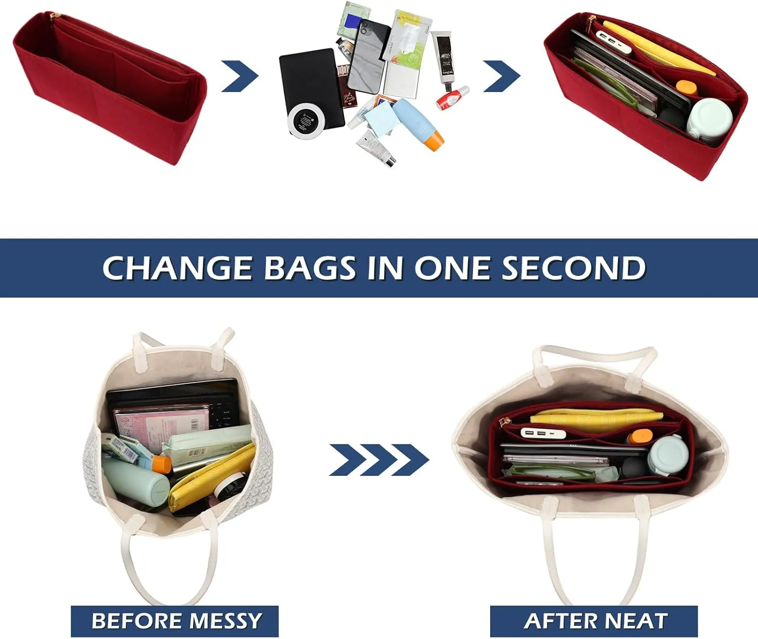 Surblue Purse Organizer Insert for Handbags, Felt Bag Organizer with Zippers Handbag Shaper Pouch for Classic 19 Flap Bag, Marmont, Onthego,（Burgundy, Slender L）