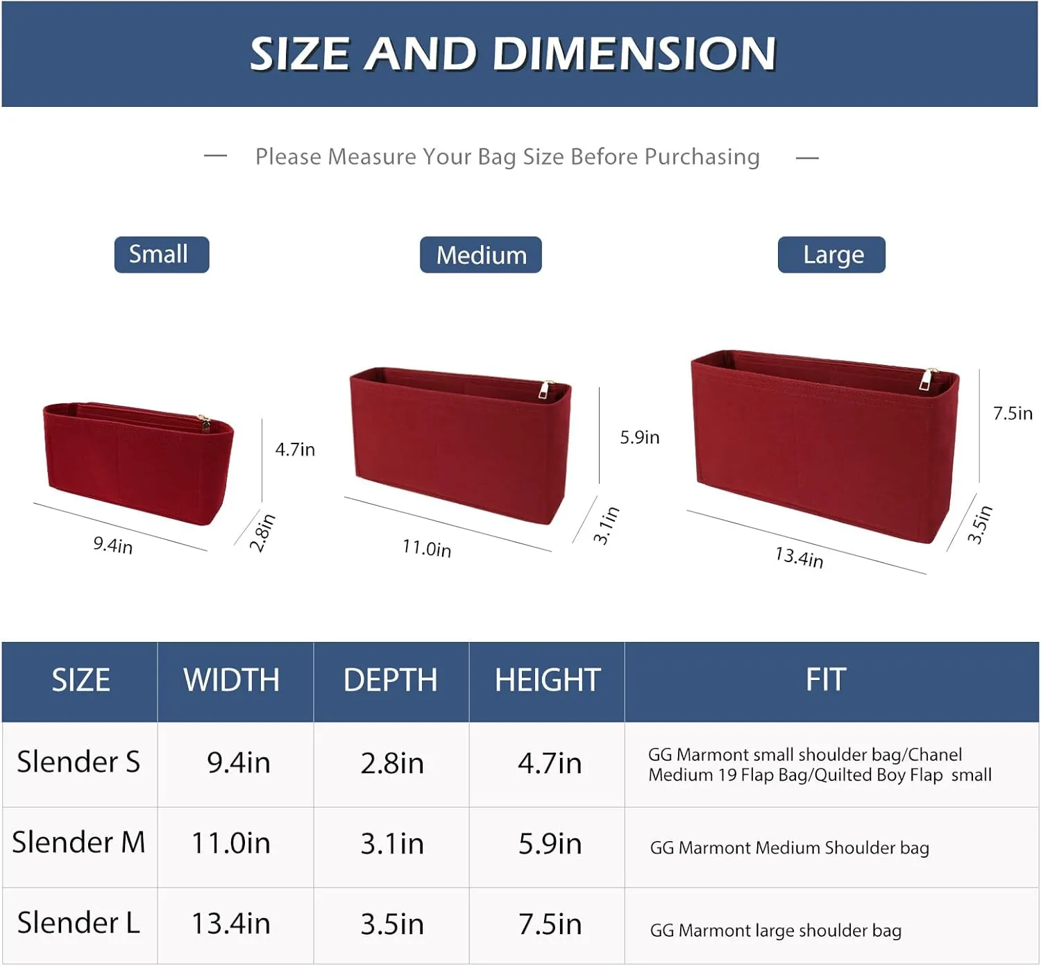 Surblue Purse Organizer Insert for Handbags, Felt Bag Organizer with Zippers Handbag Shaper Pouch for Classic 19 Flap Bag, Marmont, Onthego,（Burgundy, Slender S）