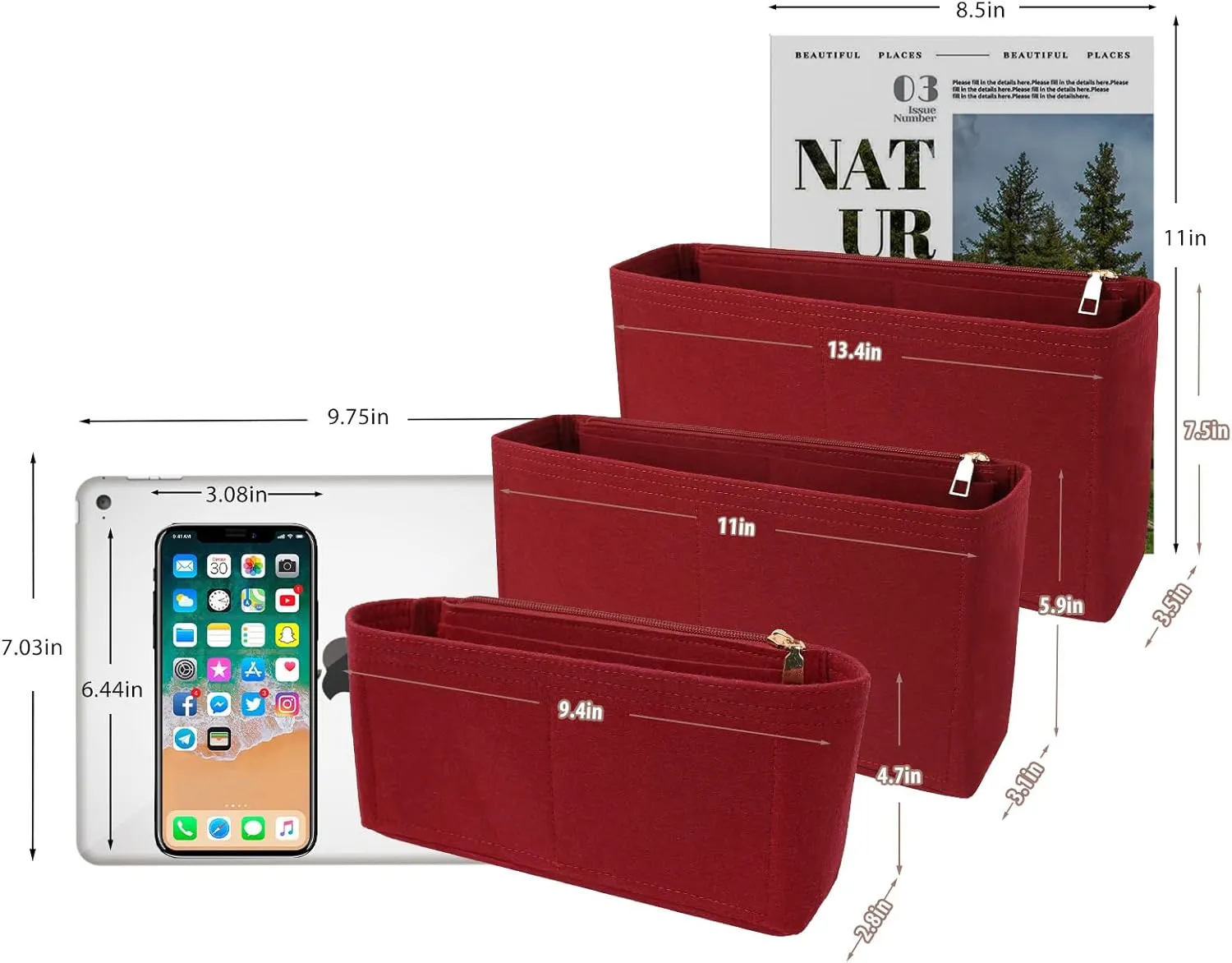 Surblue Purse Organizer Insert for Handbags, Felt Bag Organizer with Zippers Handbag Shaper Pouch for Classic 19 Flap Bag, Marmont, Onthego,（Burgundy, Slender S）