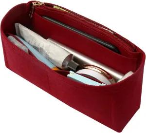 Surblue Purse Organizer Insert for Handbags, Felt Bag Organizer with Zippers Handbag Shaper Pouch for Classic 19 Flap Bag, Marmont, Onthego,（Burgundy, Slender S）