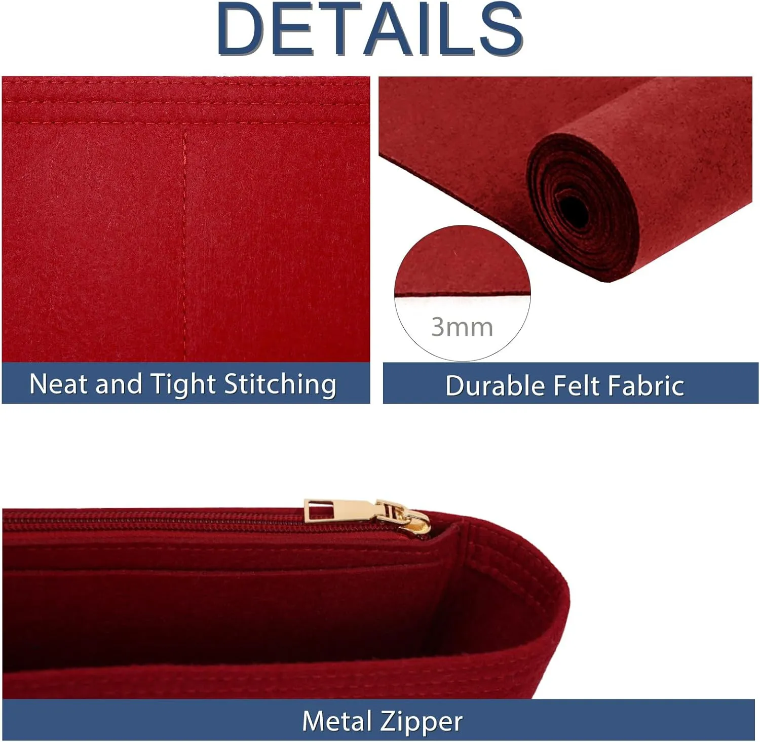 Surblue Purse Organizer Insert for Handbags, Felt Bag Organizer with Zippers Handbag Shaper Pouch for Classic 19 Flap Bag, Marmont, Onthego,（Burgundy, Slender S）