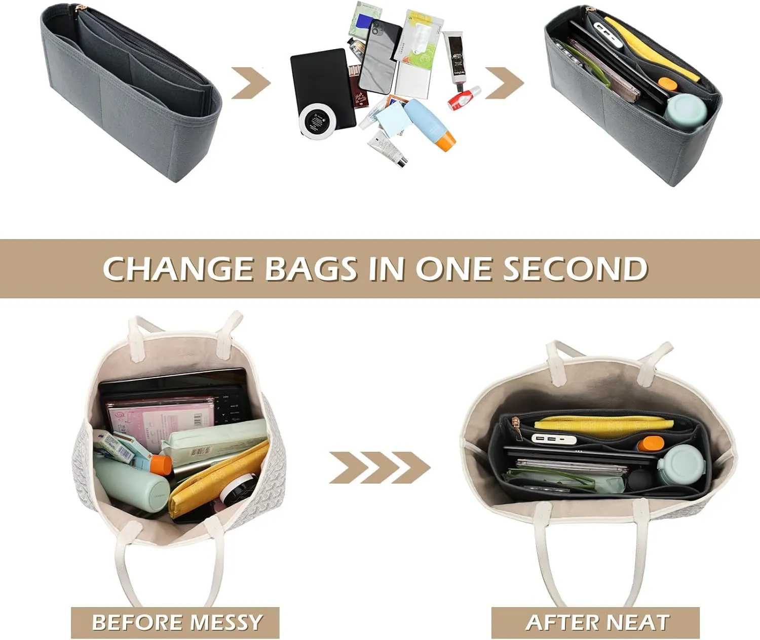 Surblue Purse Organizer Insert for Handbags, Felt Bag Organizer with Zippers Handbag Shaper Pouch for Classic 19 Flap Bag, Marmont, Onthego,（Grey, Slender L）