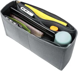 Surblue Purse Organizer Insert for Handbags, Felt Bag Organizer with Zippers Handbag Shaper Pouch for Classic 19 Flap Bag, Marmont, Onthego,（Grey, Slender L）