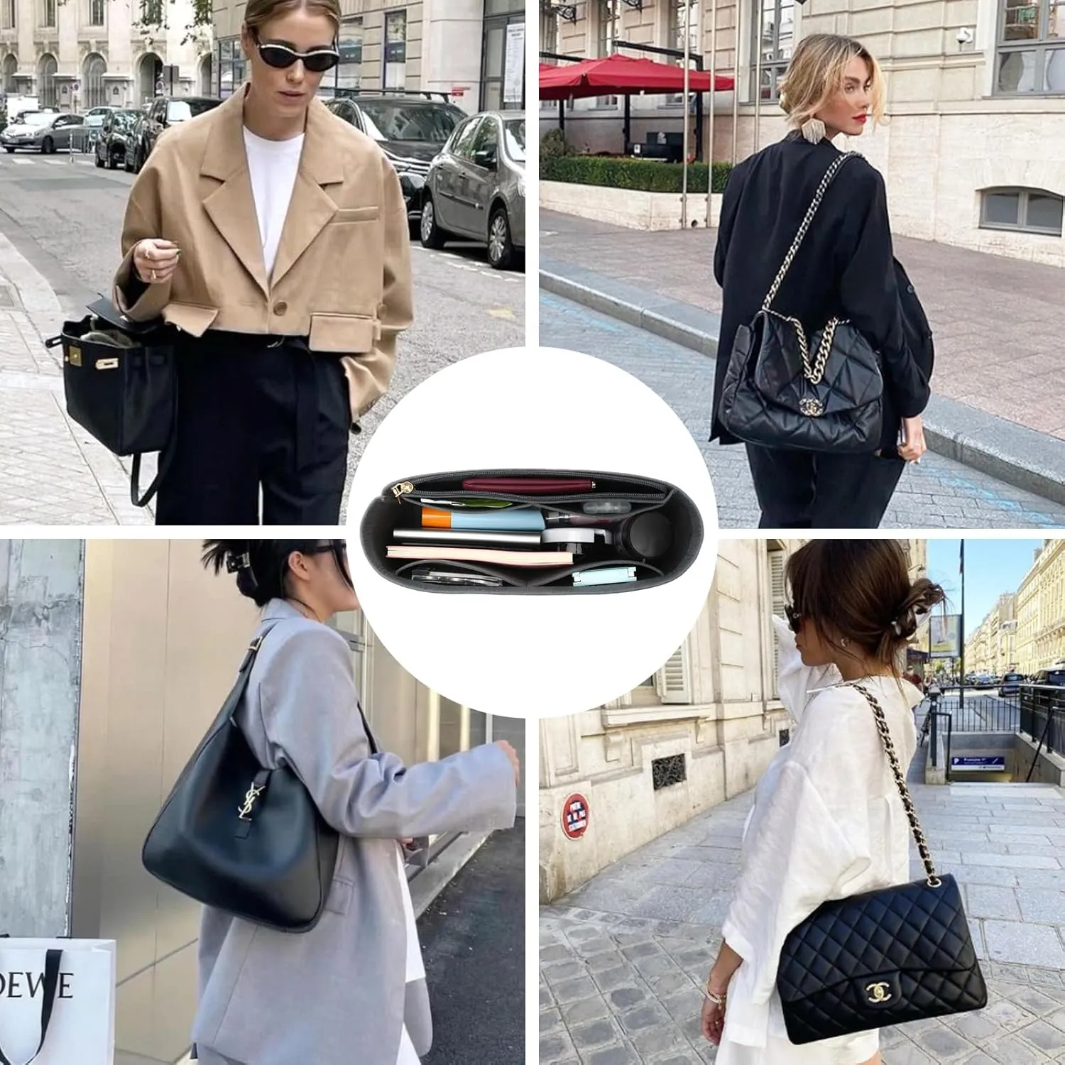 Surblue Purse Organizer Insert for Handbags, Felt Bag Organizer with Zippers Handbag Shaper Pouch for Classic 19 Flap Bag, Marmont, Onthego,（Grey, Slender M）