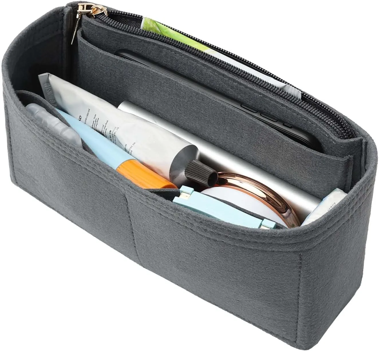 Surblue Purse Organizer Insert for Handbags, Felt Bag Organizer with Zippers Handbag Shaper Pouch for Classic 19 Flap Bag, Marmont, Onthego,（Grey, Slender S）