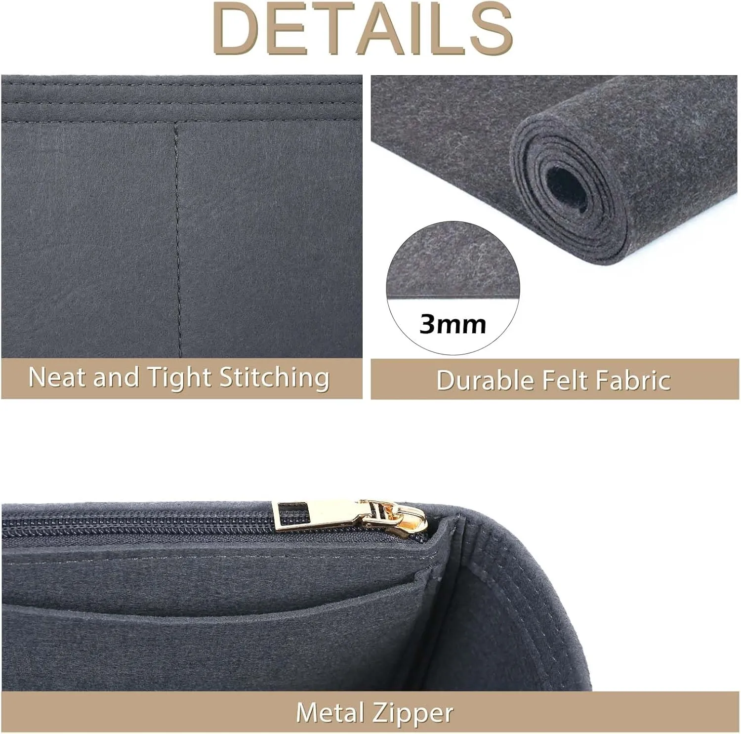 Surblue Purse Organizer Insert for Handbags, Felt Bag Organizer with Zippers Handbag Shaper Pouch for Classic 19 Flap Bag, Marmont, Onthego,（Grey, Slender S）