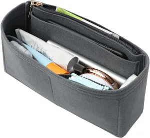 Surblue Purse Organizer Insert for Handbags, Felt Bag Organizer with Zippers Handbag Shaper Pouch for Classic 19 Flap Bag, Marmont, Onthego,（Grey, Slender S）