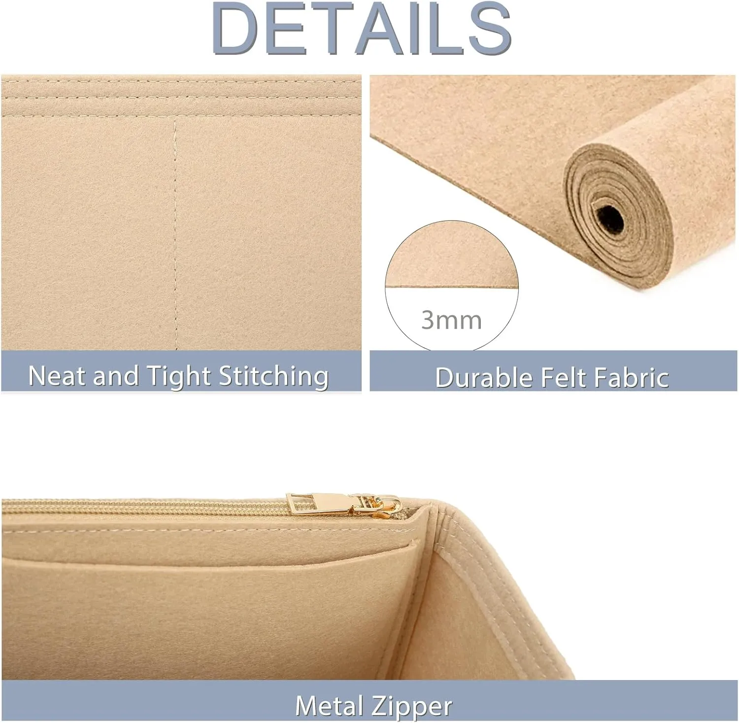 Surblue Purse Organizer Insert for Handbags, Felt Bag Organizer with Zippers Handbag Shaper Pouch for Classic 19 Flap Bag, Marmont, Onthego,（Khaki, Slender M）