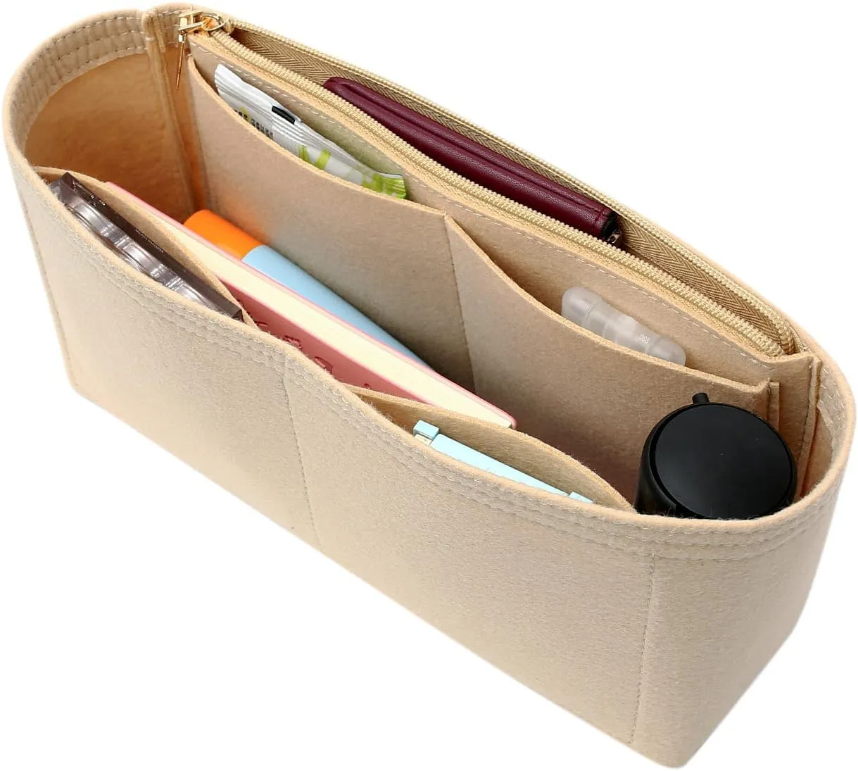 Surblue Purse Organizer Insert for Handbags, Felt Bag Organizer with Zippers Handbag Shaper Pouch for Classic 19 Flap Bag, Marmont, Onthego,（Khaki, Slender M）