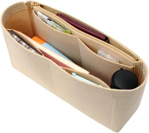 Surblue Purse Organizer Insert for Handbags, Felt Bag Organizer with Zippers Handbag Shaper Pouch for Classic 19 Flap Bag, Marmont, Onthego,（Khaki, Slender M）