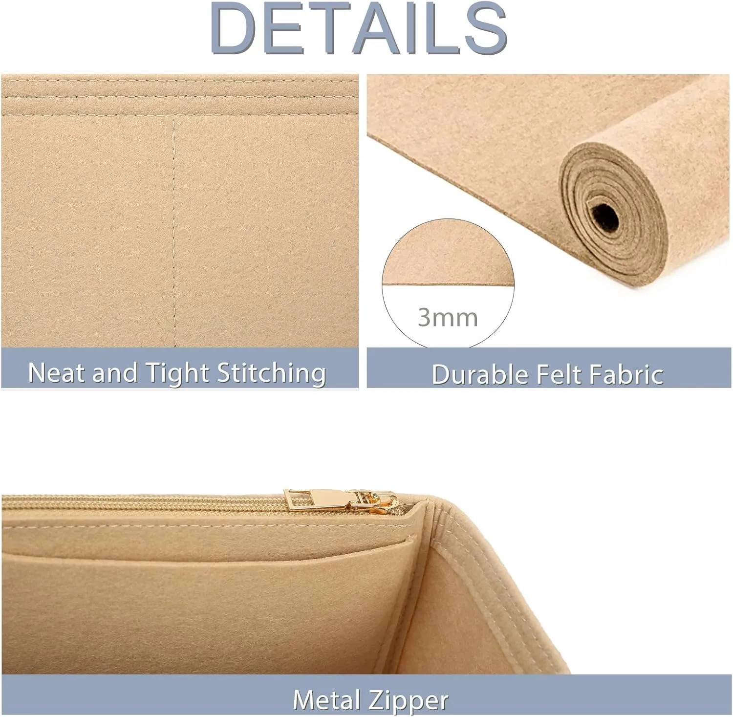 Surblue Purse Organizer Insert for Handbags, Felt Bag Organizer with Zippers Handbag Shaper Pouch for Classic 19 Flap Bag, Marmont, Onthego,（Khaki, Slender S）