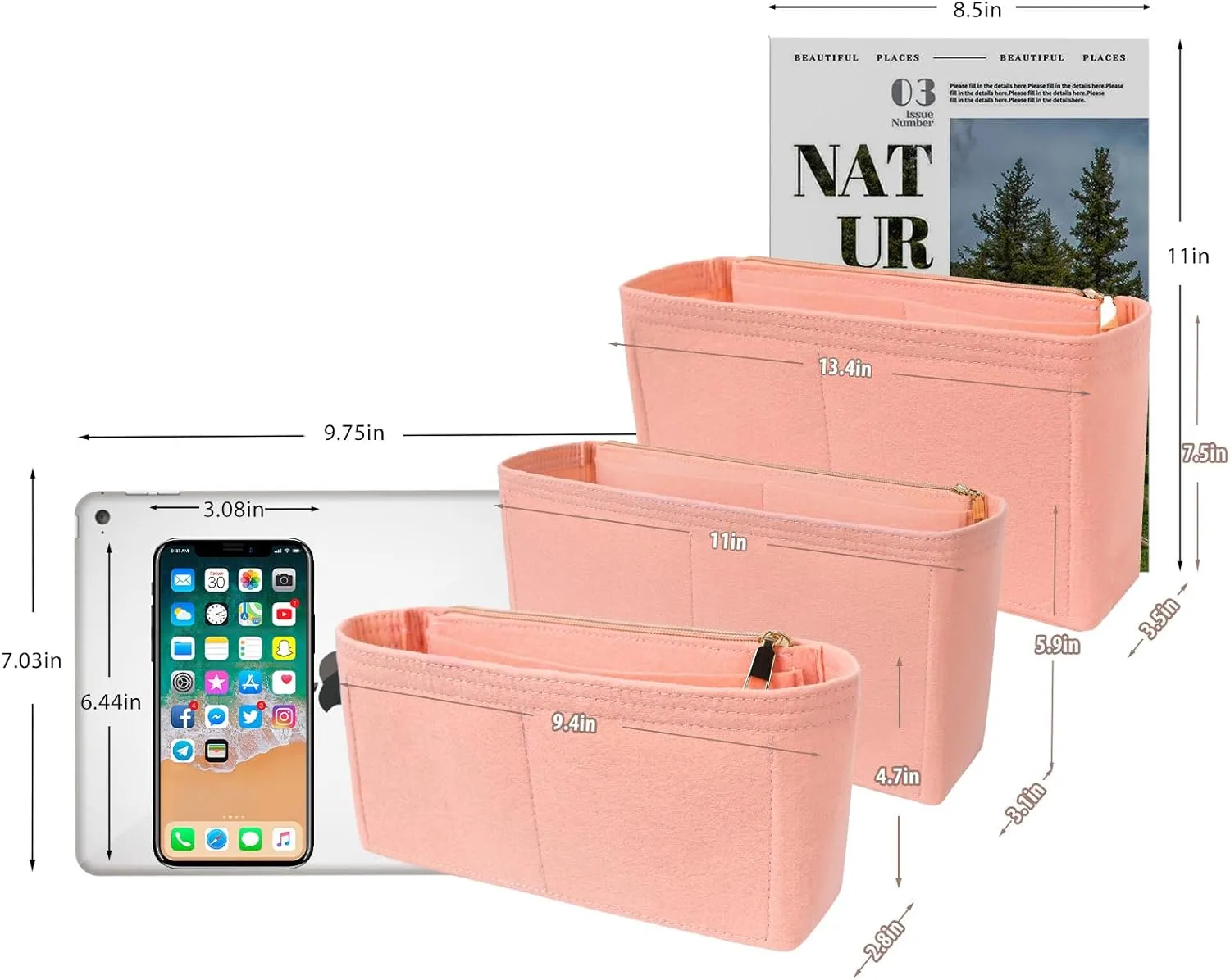 Surblue Purse Organizer Insert for Handbags, Felt Bag Organizer with Zippers Handbag Shaper Pouch for Classic 19 Flap Bag, Marmont, Onthego,（Lightpink, Slender M）