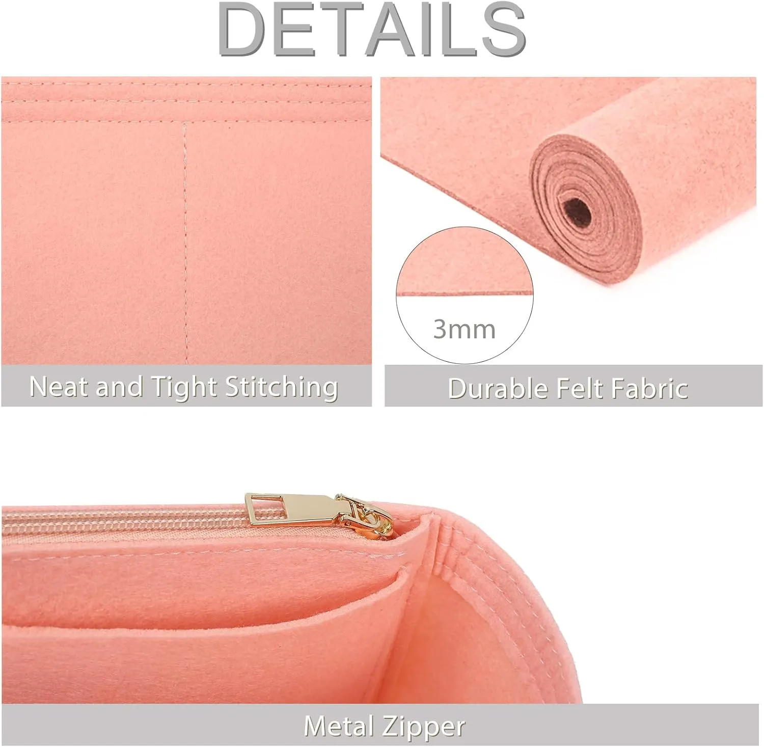 Surblue Purse Organizer Insert for Handbags, Felt Bag Organizer with Zippers Handbag Shaper Pouch for Classic 19 Flap Bag, Marmont, Onthego,（Lightpink, Slender M）