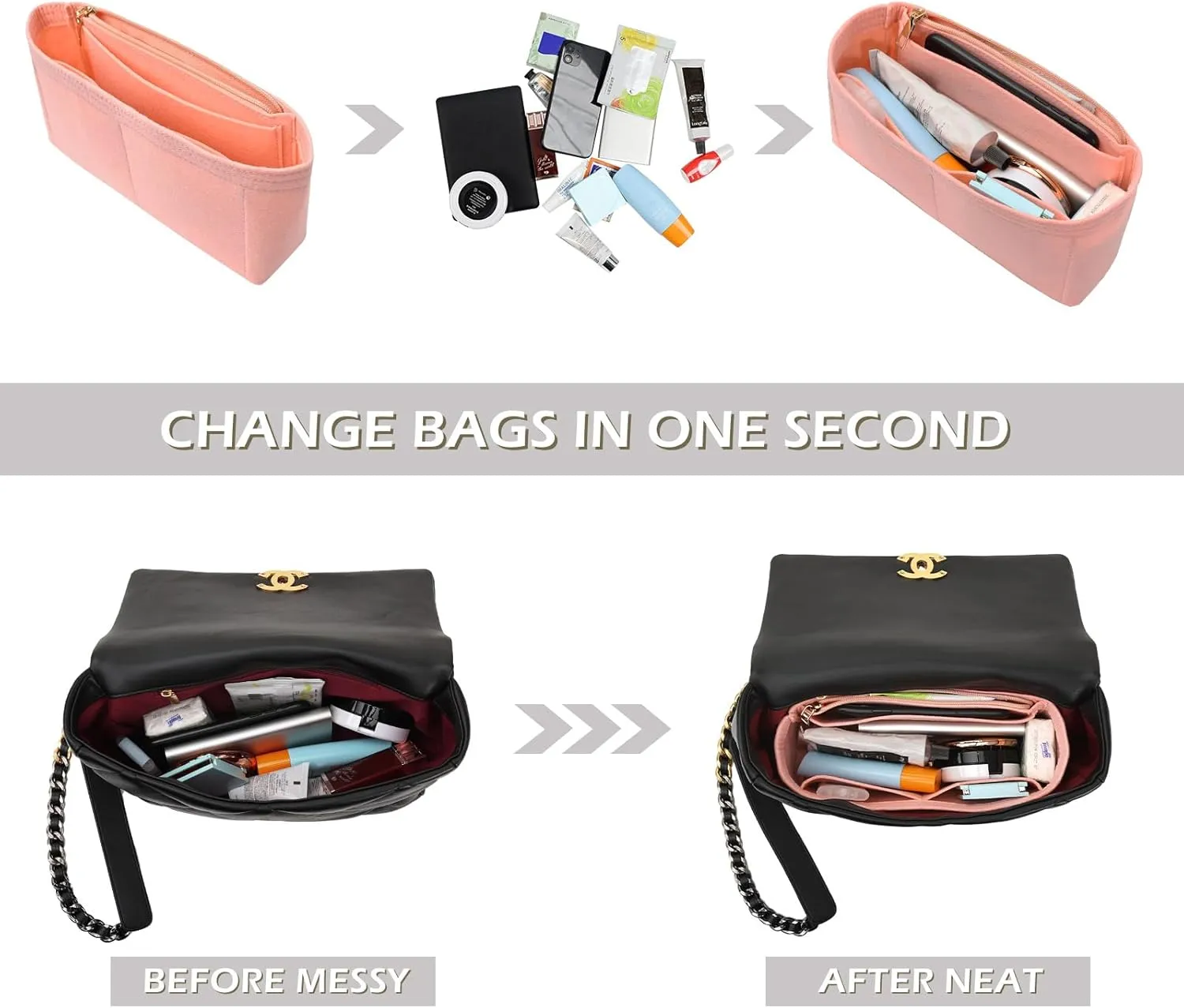 Surblue Purse Organizer Insert for Handbags, Felt Bag Organizer with Zippers Handbag Shaper Pouch for Classic 19 Flap Bag, Marmont, Onthego,（Lightpink, Slender S）