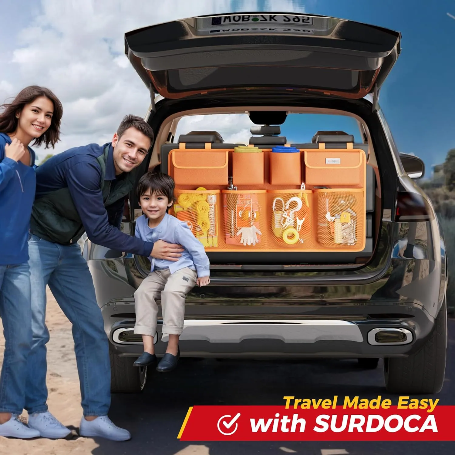 SURDOCA Hanging Trunk Organizer for SUV, [UPGRADED 7 Times] Car Organizers and Storage, Car Accessories Interior, Space Saving Expert-Orange