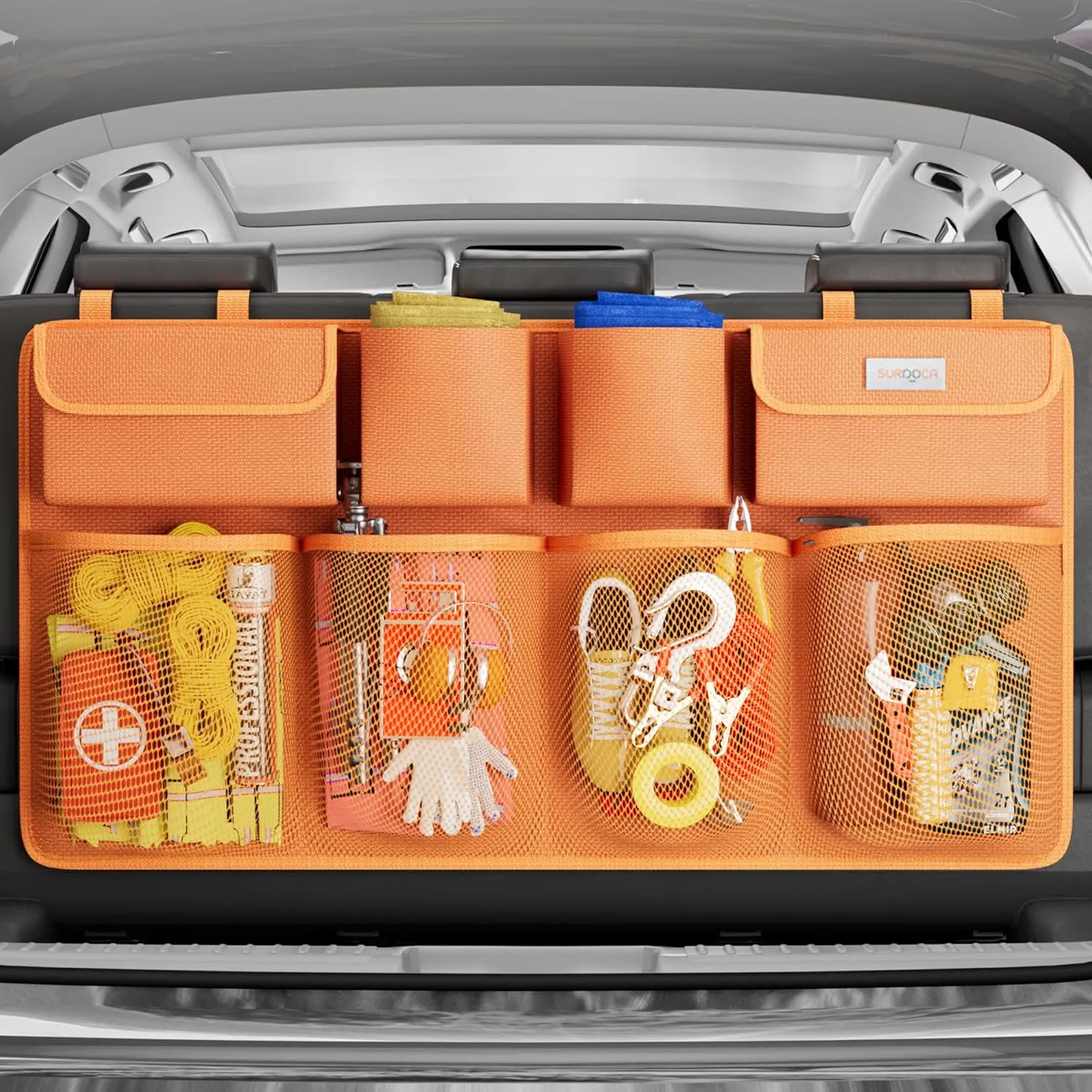 SURDOCA Hanging Trunk Organizer for SUV, [UPGRADED 7 Times] Car Organizers and Storage, Car Accessories Interior, Space Saving Expert-Orange
