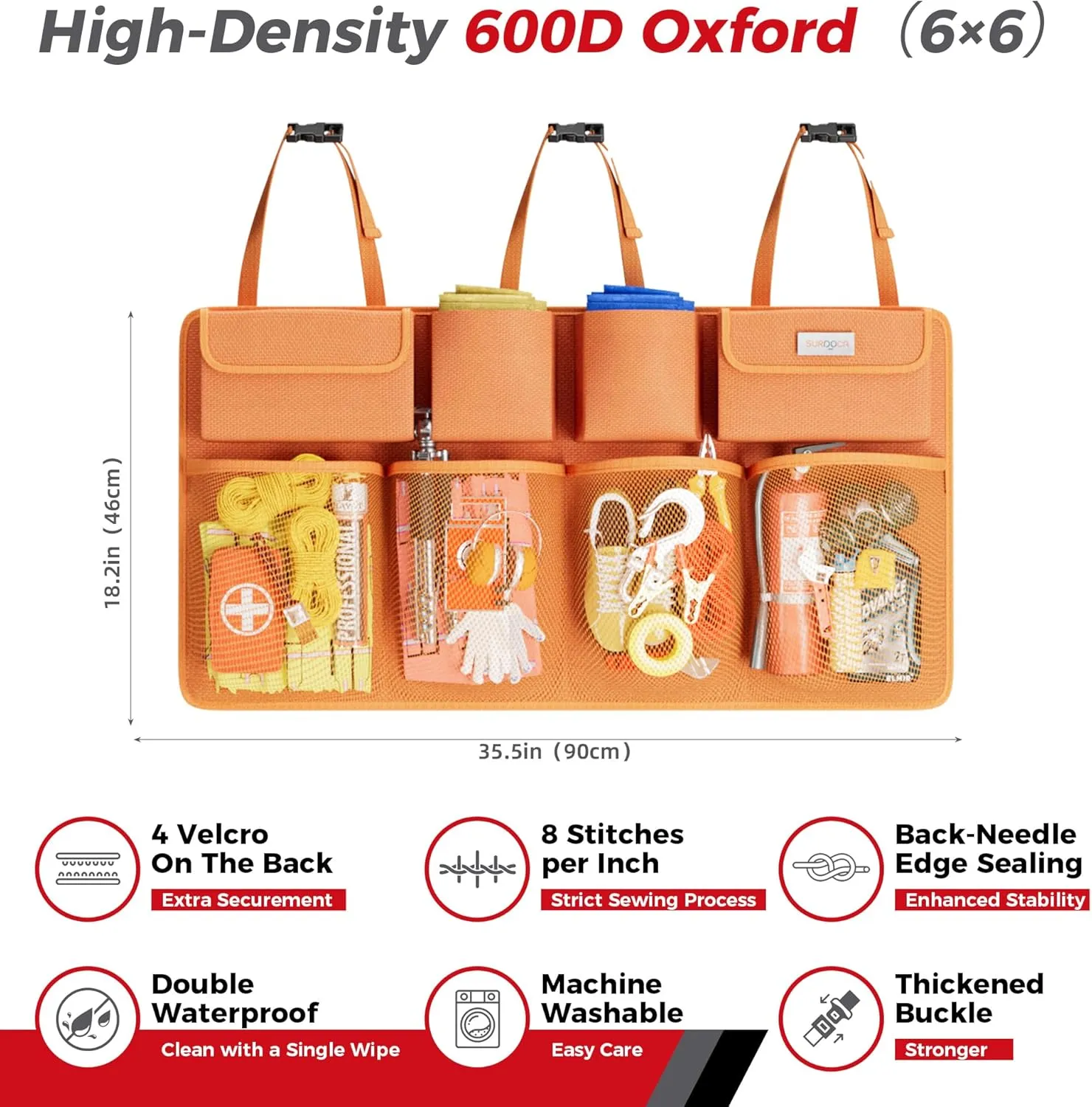 SURDOCA Hanging Trunk Organizer for SUV, [UPGRADED 7 Times] Car Organizers and Storage, Car Accessories Interior, Space Saving Expert-Orange