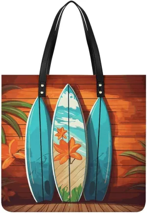 Surfboard on Wooden Large Leather Handbags Women Fashion Handbag Multifunctional Travel Bag It Is A Great Gift for Mothers, Teachers, Friends, Bridesmaids