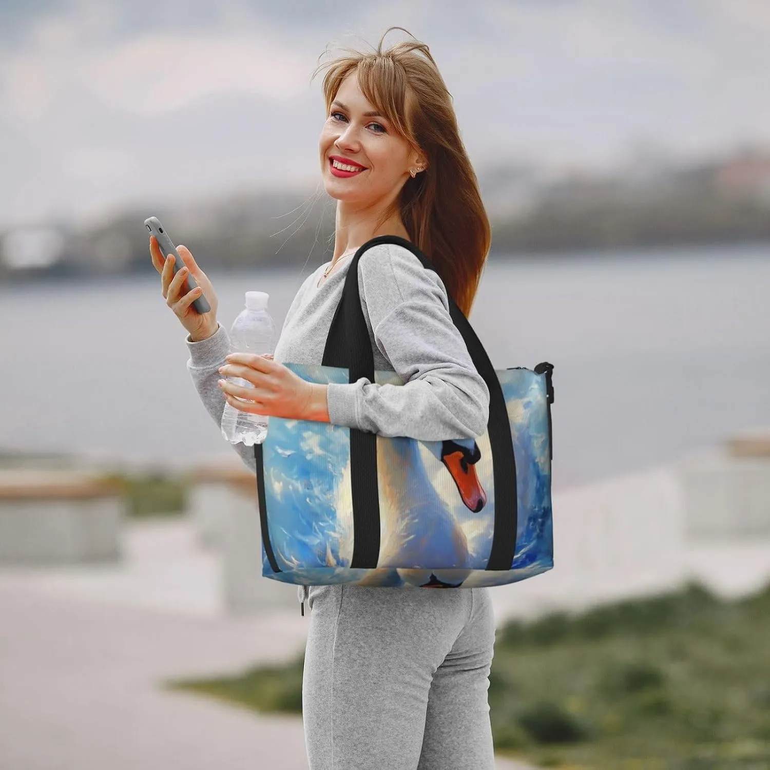 swan print Travel Duffel Bag, Sports Tote Gym Bag, Swim Pool Bag Large Shoulder Tote Bag for Beach Weekender